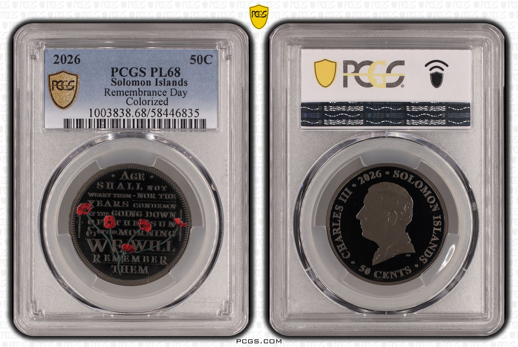 Solomon Islands, Charles III, Remembrance Day Colourised "For the Fallen" Poem, Fifty Cent, 2026, PCGS PL68