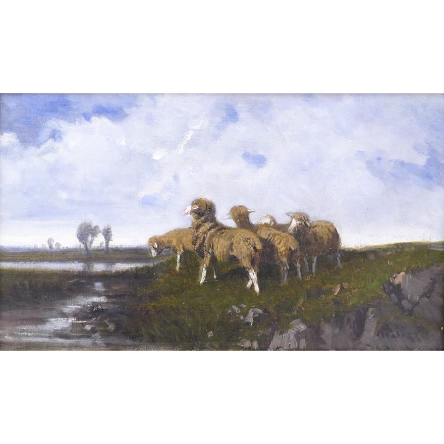 Antique French Painting of Sheep in the Pasture, illegibly signed