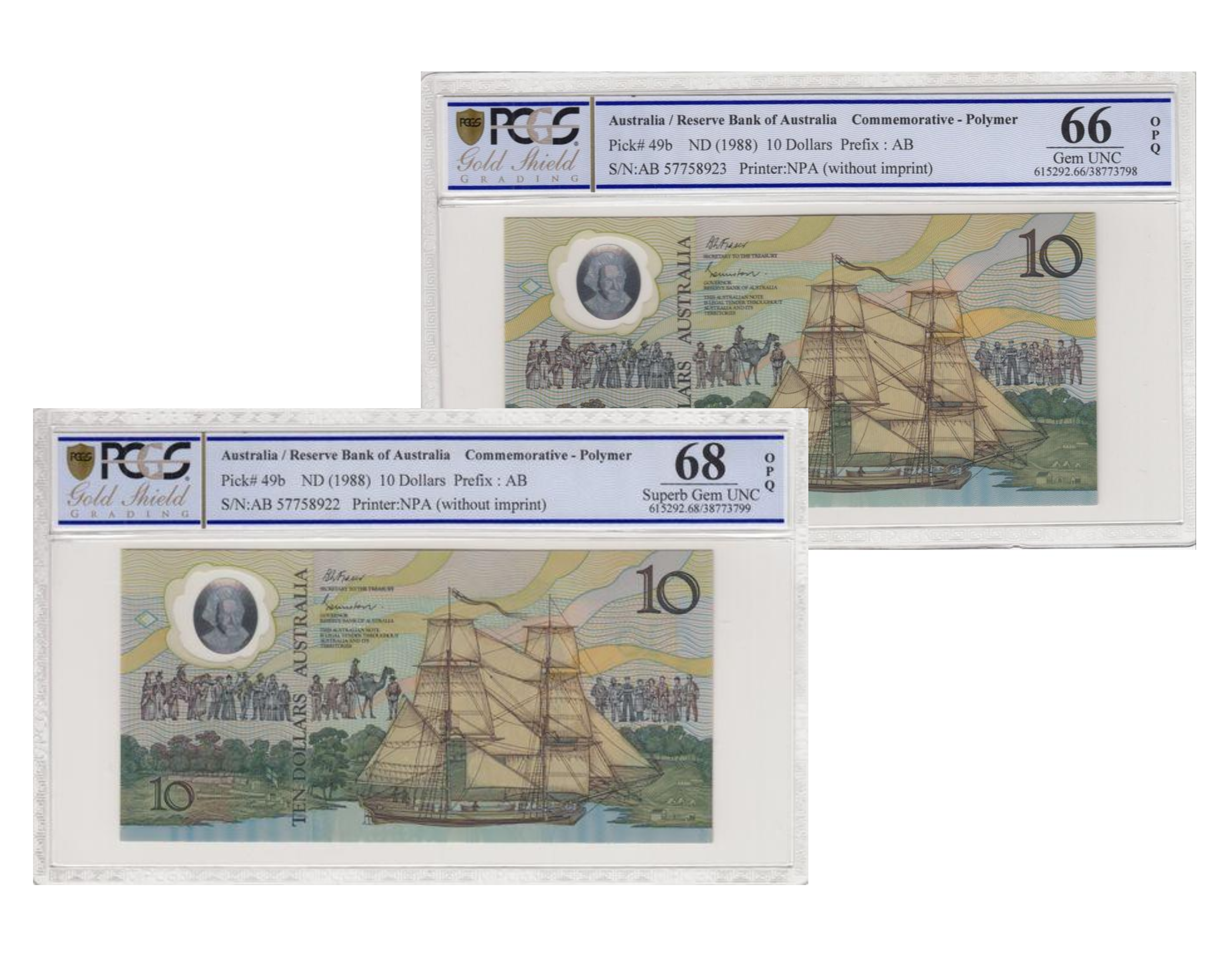 Fraser/Johnston, Consecutive Pair, Commemorative Ten Dollar, 1988, PCGS Gem UNC 66 PPQ & Superb Gem UNC 68 OPQ