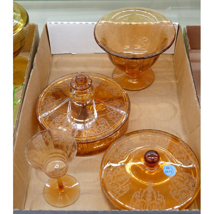 Box 4pc Amber Etched Glass Candy Boxes etc.