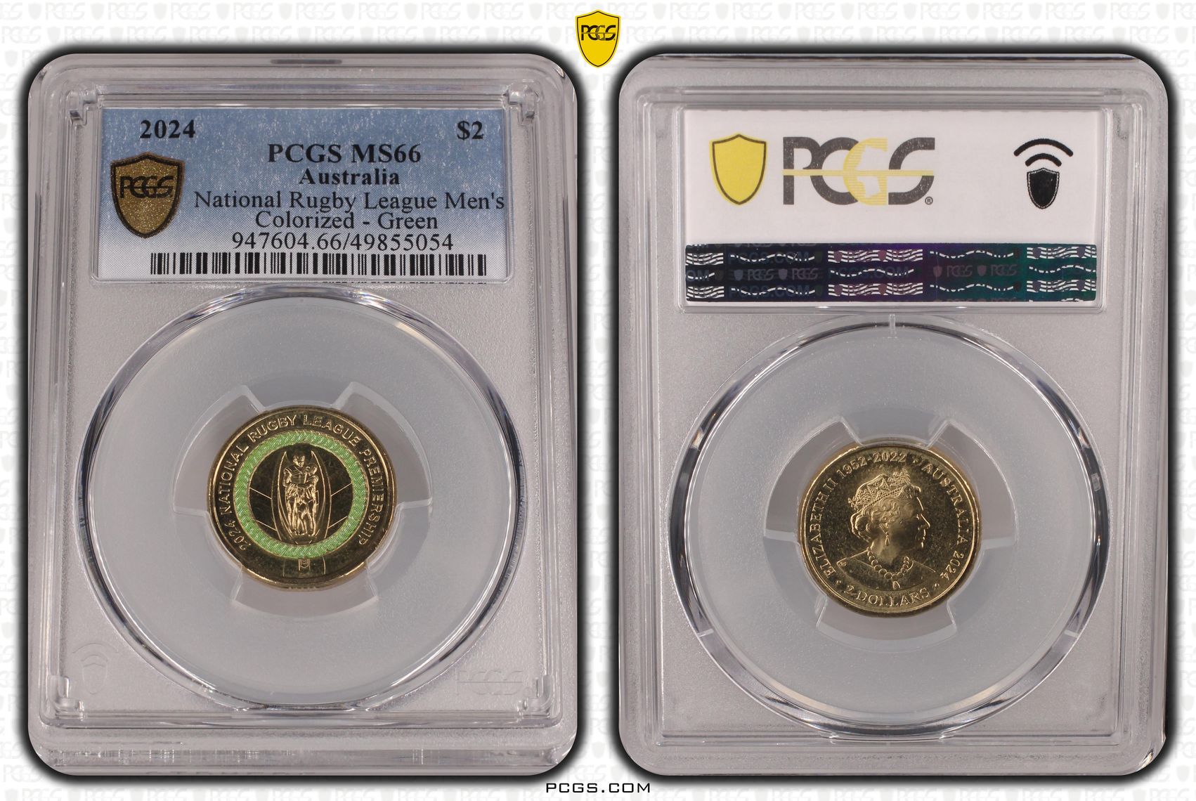 National Rugby League Men's Colorized - Green , Two Dollar, 2024, PCGS MS66