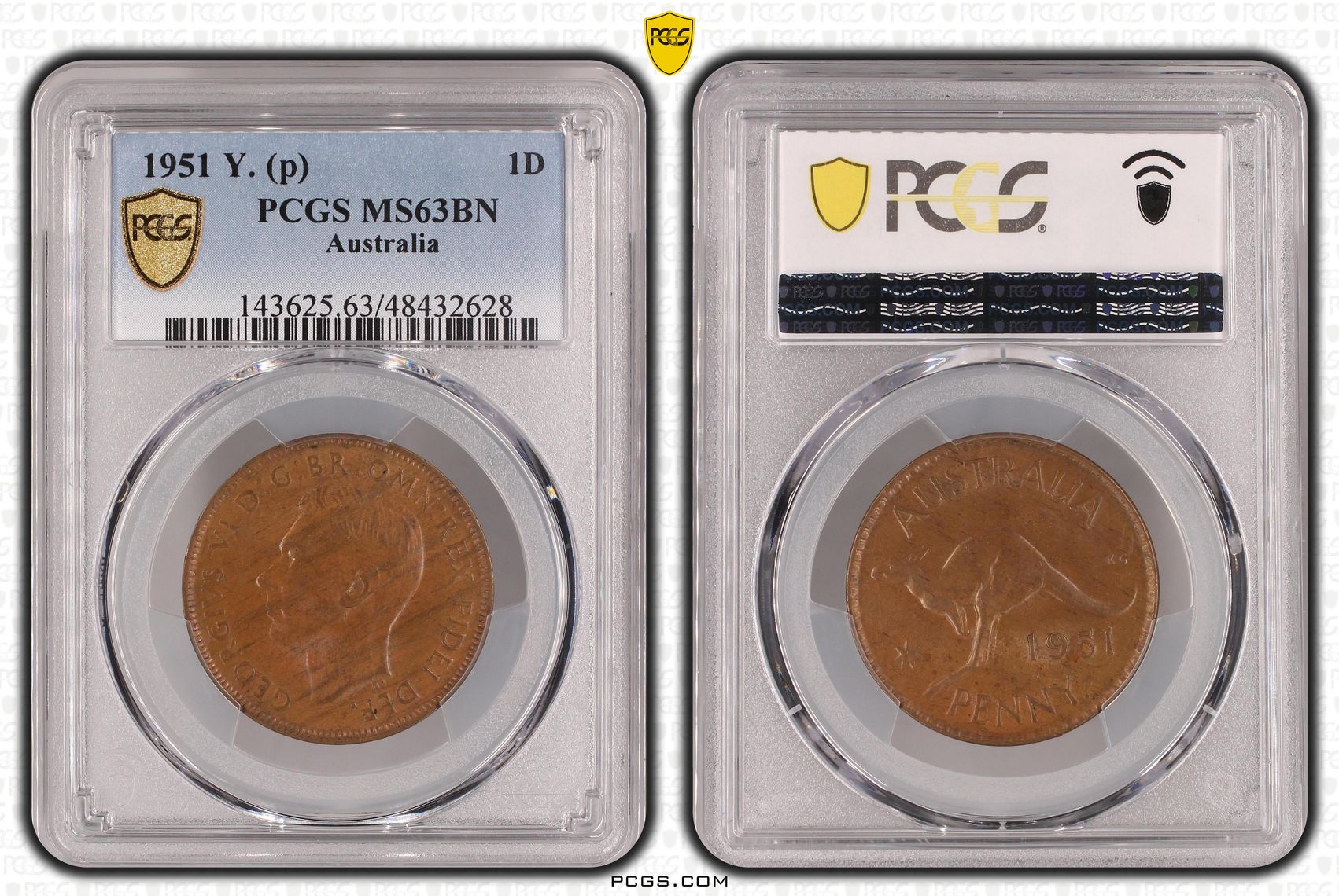George VI, Penny, 1951-Y., PCGS MS63BN