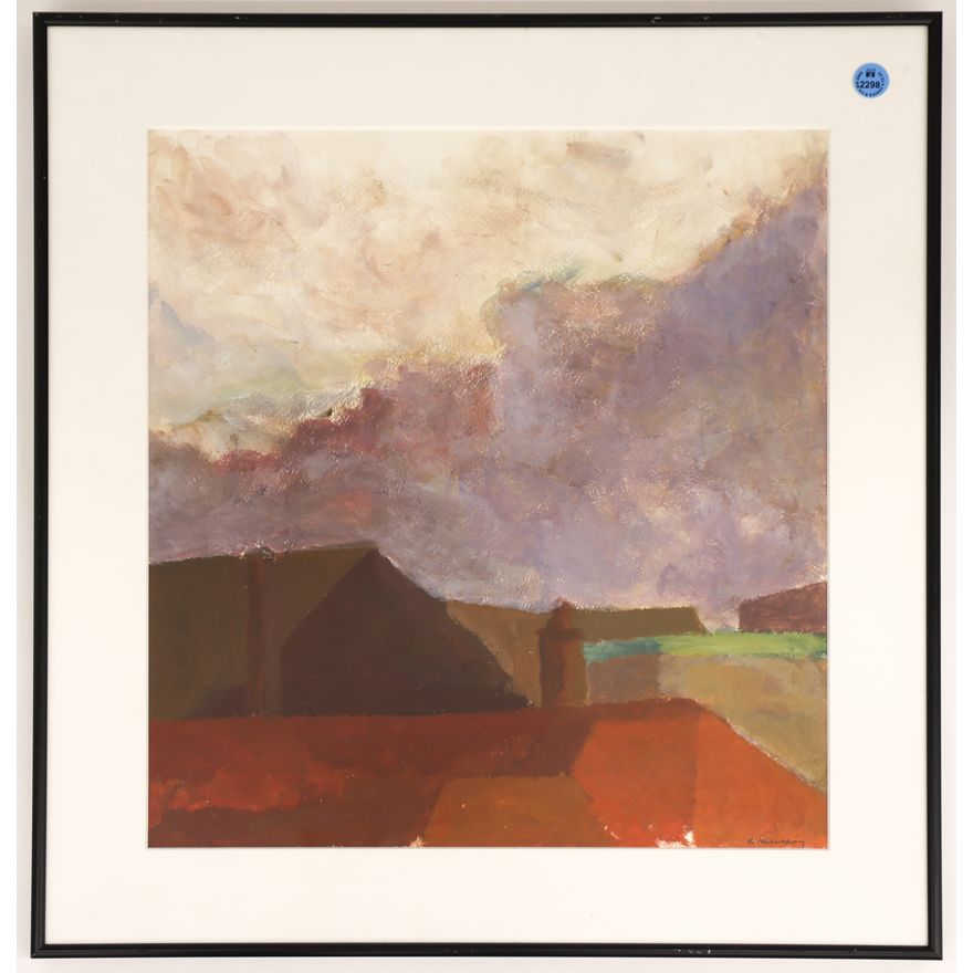 R. Millarny Abstract Housetops Oil on Paper Framed 20''x19''