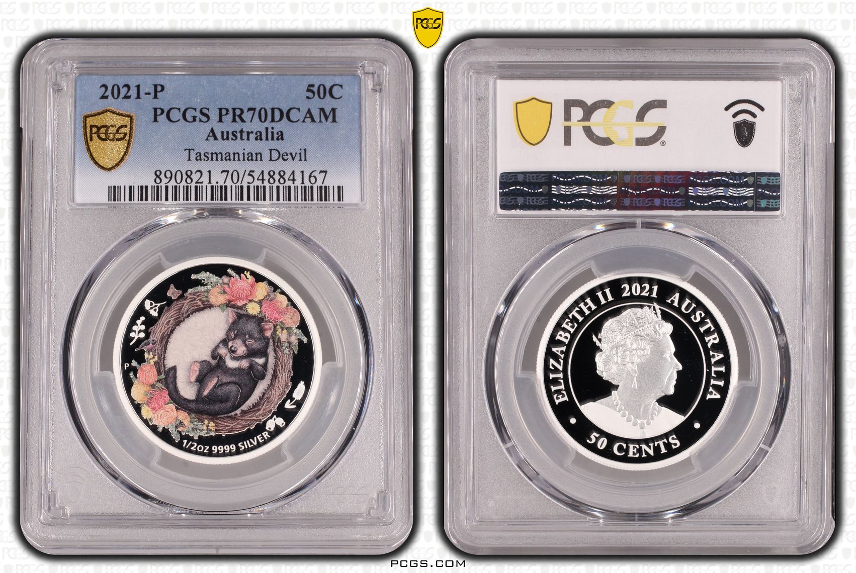 Tasmanian Devil Colourised Silver, POP 4/0, Fifty Cent, 2021-P, PCGS PR70DCAM