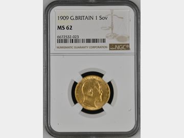 1909 LONDON MINT GOLD SOVEREIGN MS62