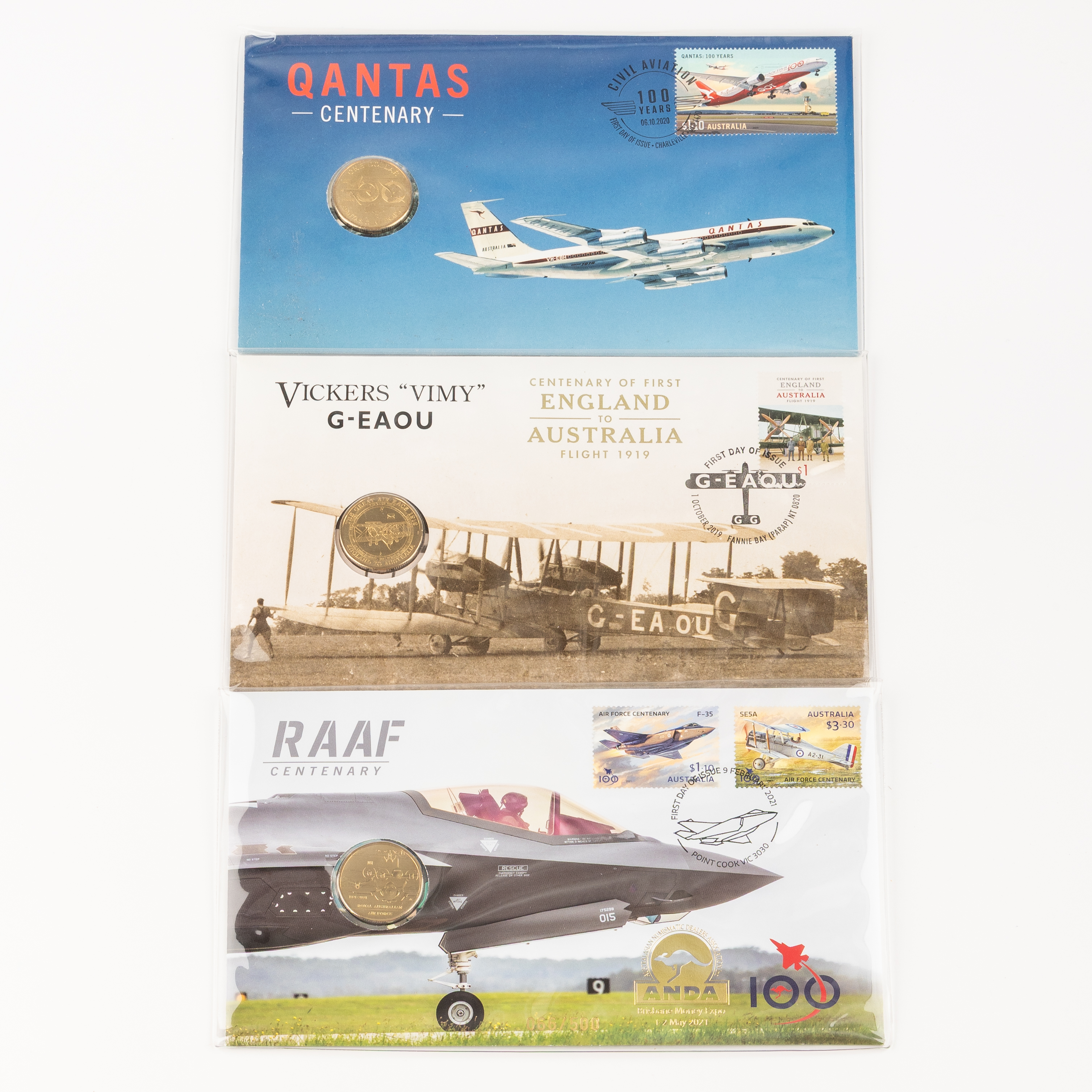 113 · Elizabeth II, Centenary of First England to Australia Flight, Qantas Centenary & RAAF Centenary, One Dollar, 2019 - 2021,  UNC
