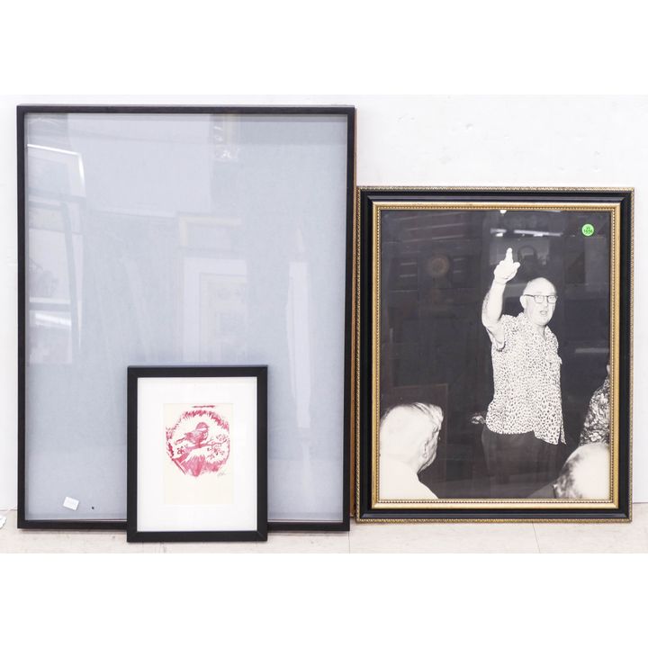 3pc Framed Artworks & Frame- small woodblock, photograph, Plasteel Frame- Largest 27x21''