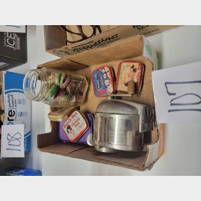Vintage pencil sharpener, metal tins and bottle caps