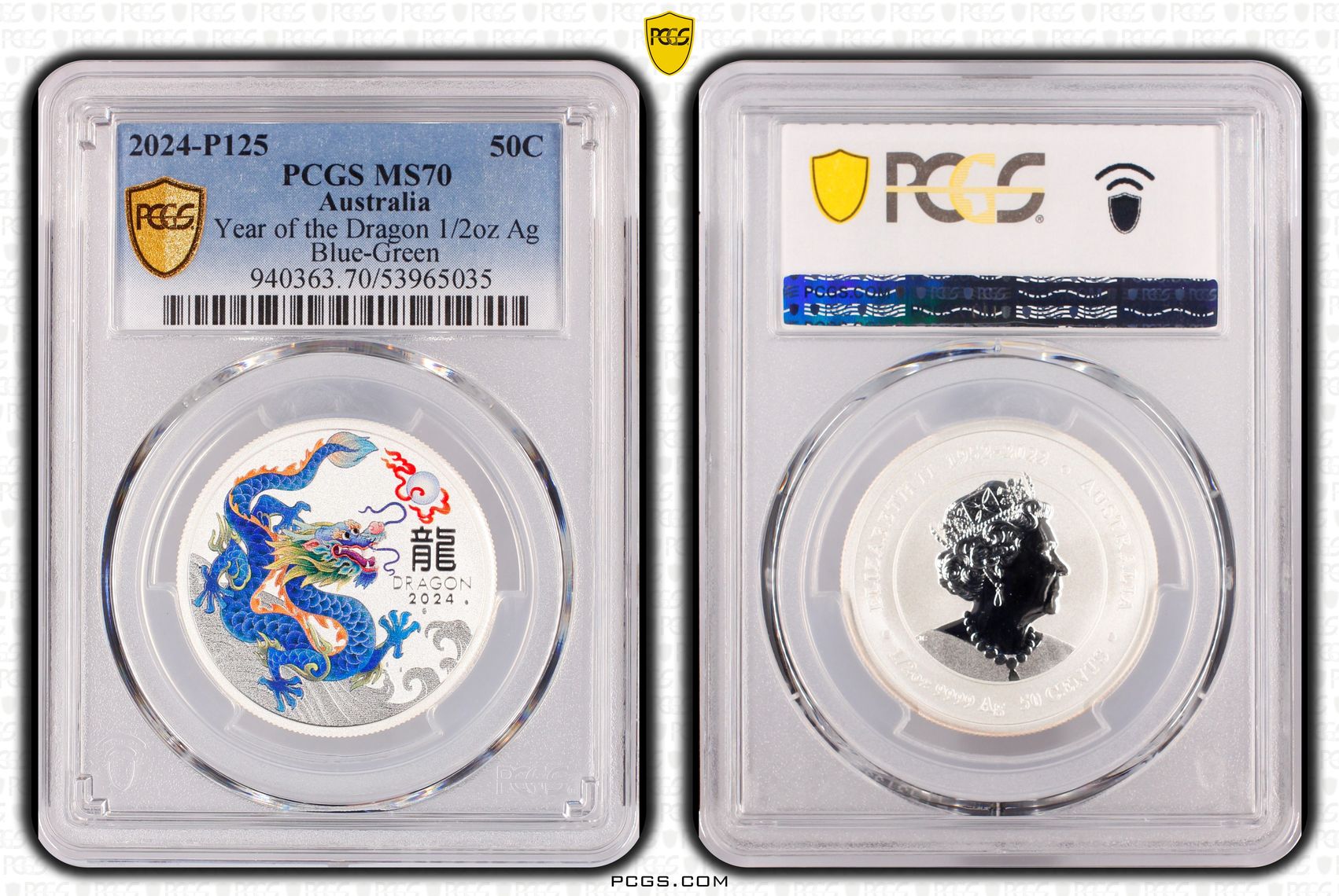209 · Year of the Dragon 1/2oz Ag Blue-Green, POP 1/0, Fifty Cent, 2024-P125, PCGS MS70