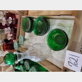Antique decanter, glasses and other bowls and plates