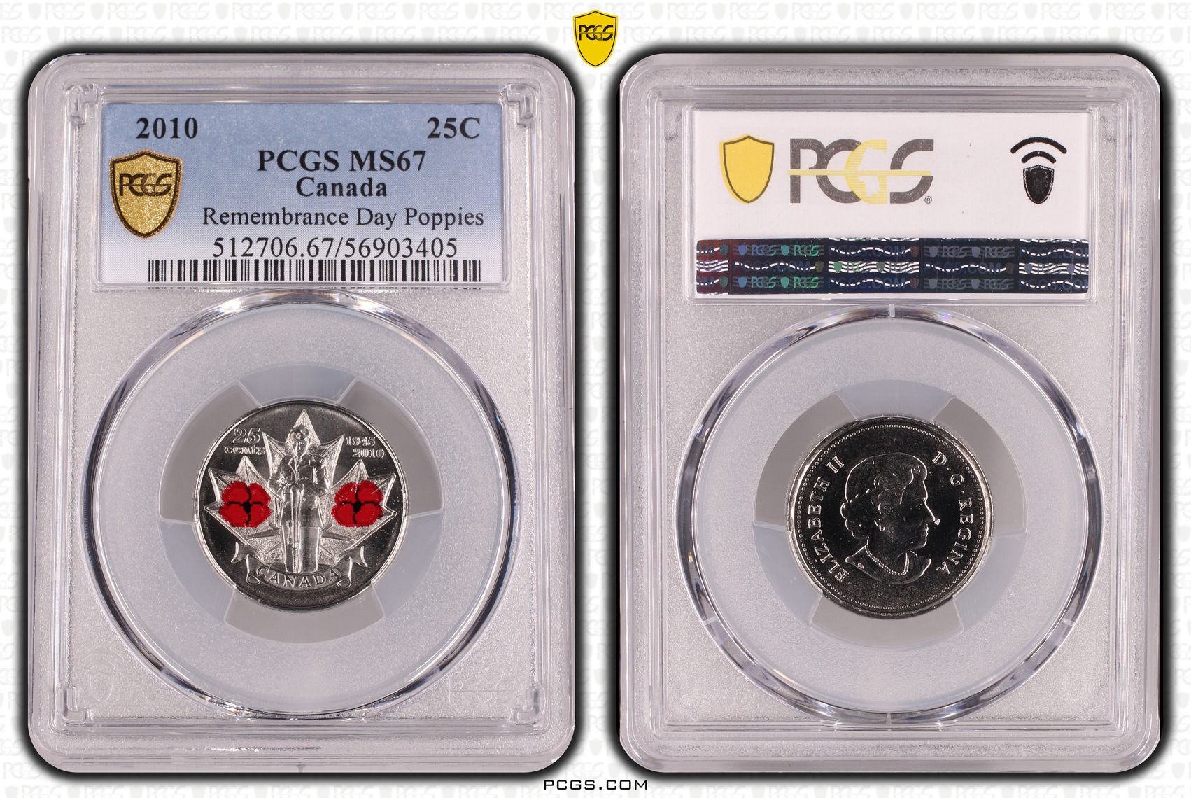 Canada, Remembrance Day Poppies, Twenty Five Cent, 2010, PCGS MS67