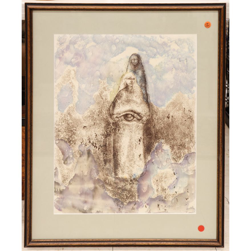 Illegibly Signed Women with Eye 1984 Watercolor Framed 29''x23.5''