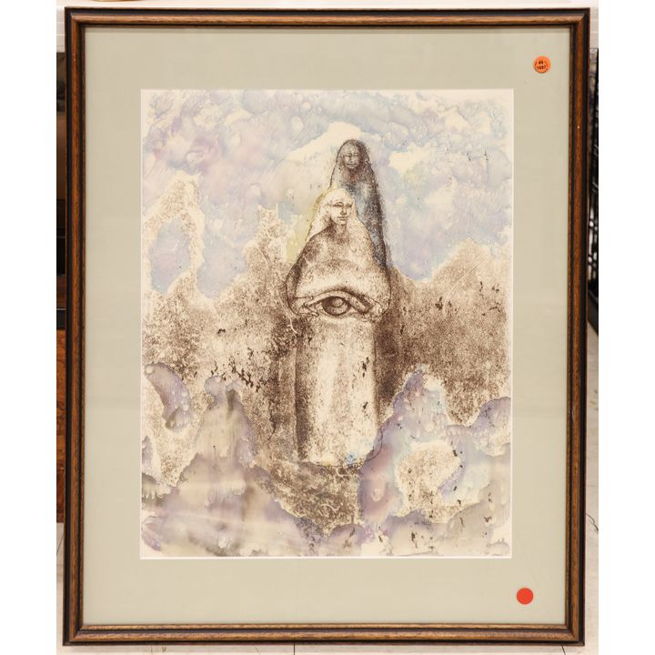 Illegibly Signed Women with Eye 1984 Watercolor Framed 29''x23.5''