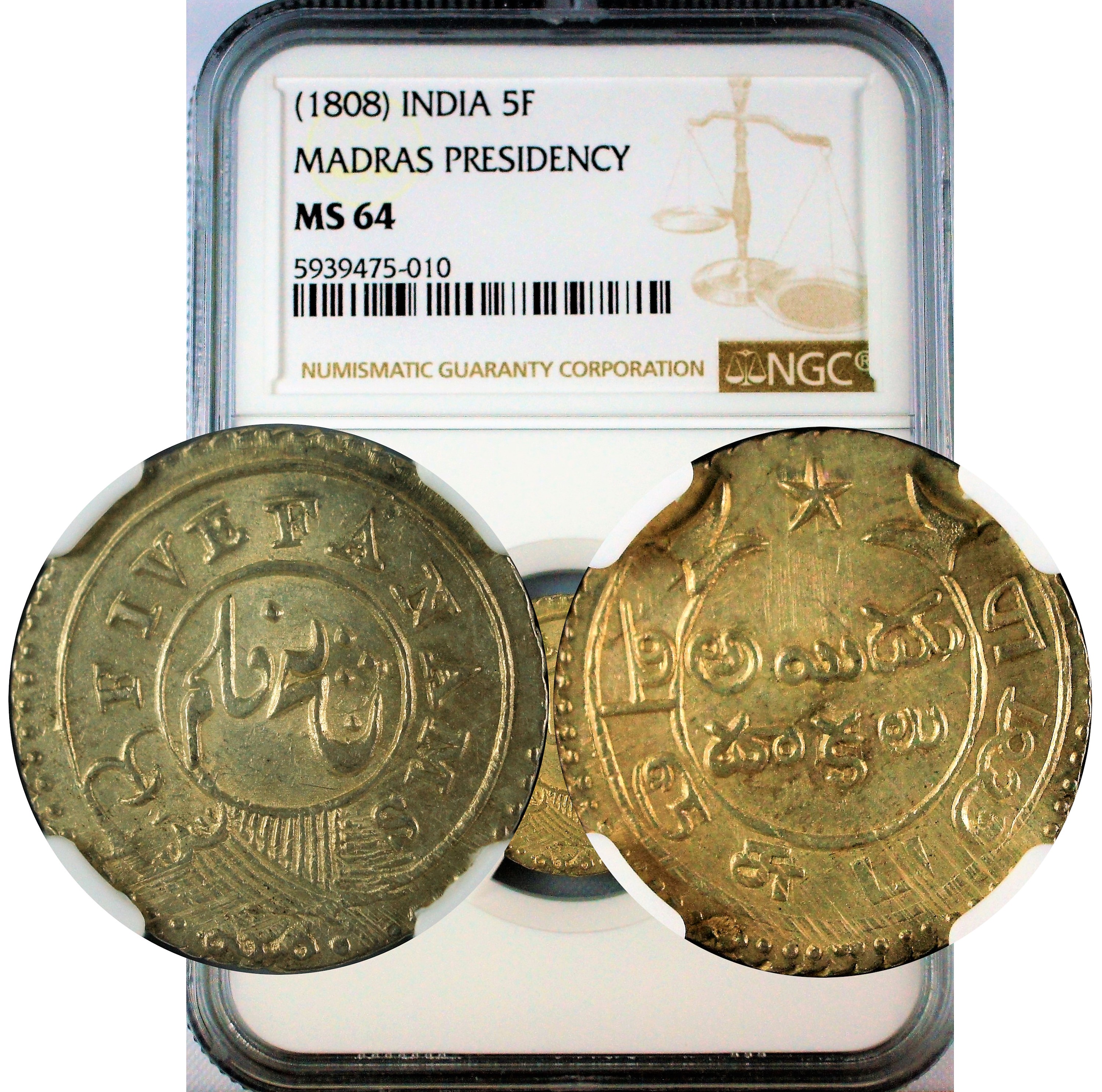 India Madras Presidency 1808 5 Fanam NGC MS64