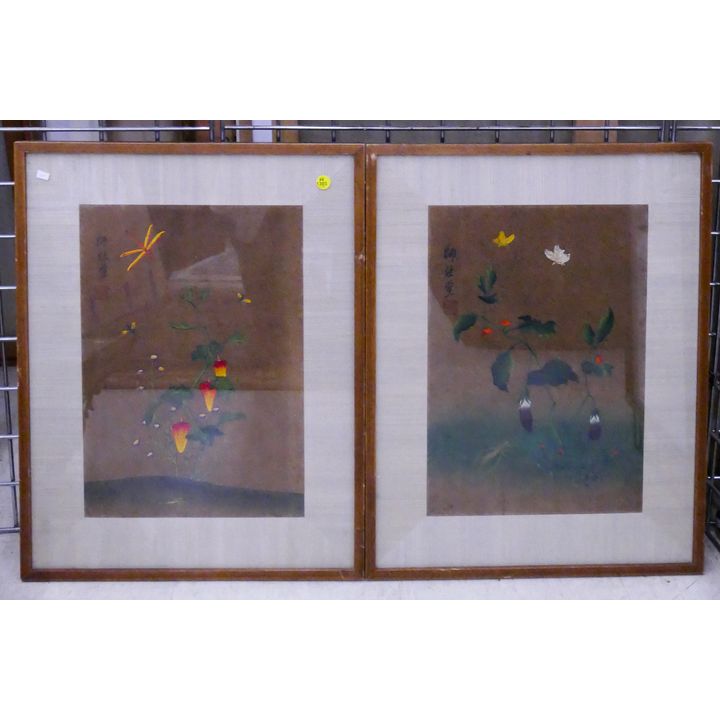 Pair Japanese Insect and Flower Gouache Paintings Framed- 24x18''