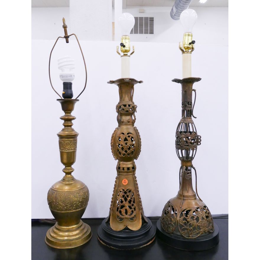 3pc Asian Gilt Metal Table Lamps- 28'' approx