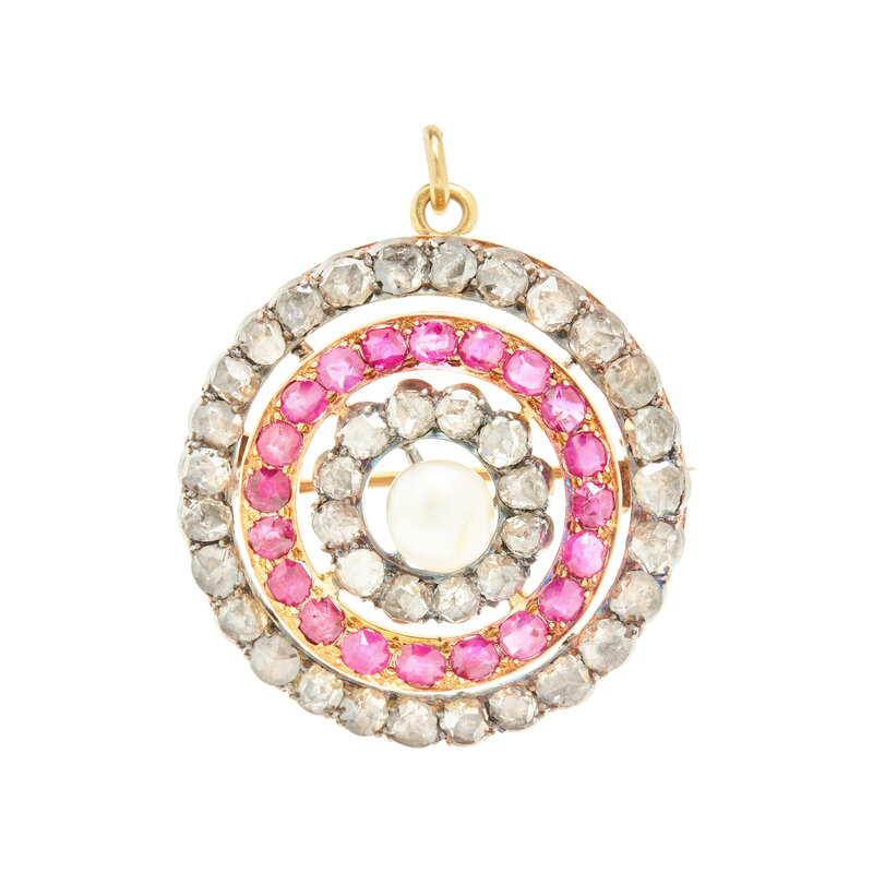 ANTIQUE, DIAMOND, RUBY AND CULTURED PEARL BROOCH/PENDANT
