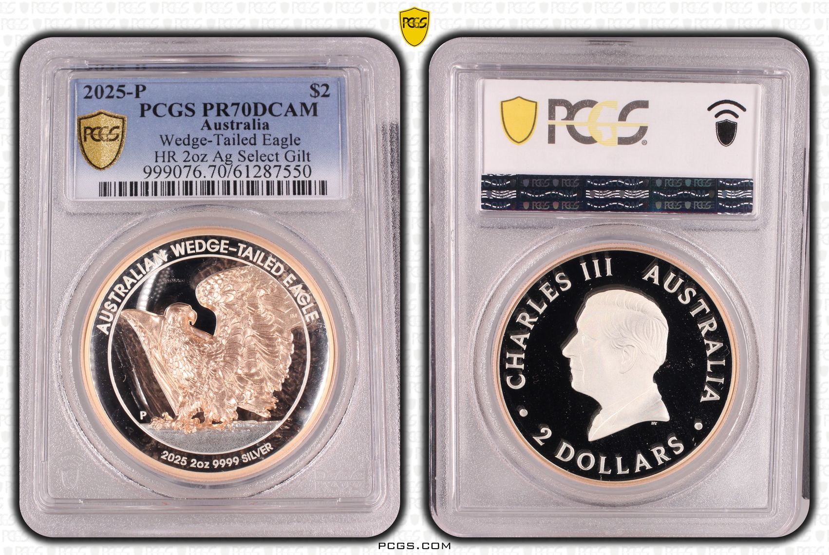 Wedge-Tailed Eagle HR 2oz Silver Select Gilt, POP 4/0, Two Dollar, 2025-P, PCGS PR70DCAM