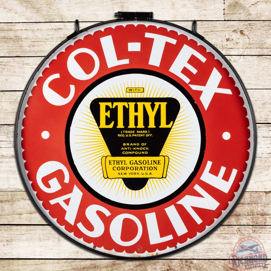 Fantastic Col-Tex Ethyl Gasoline 30" Double Sided Porcelain Sign w/ Ring