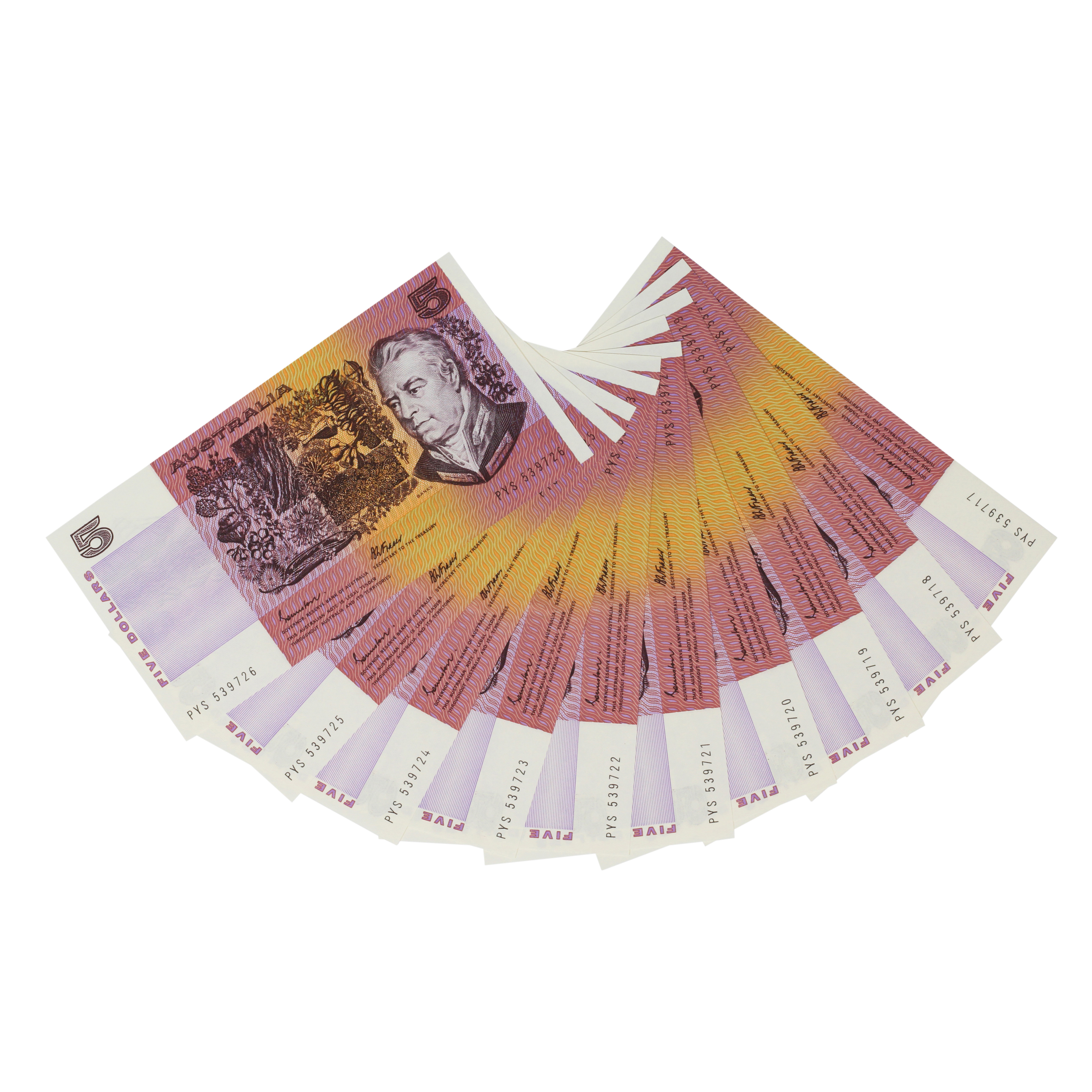 1995. · Consecutive Run, Johnston/Fraser,  Five Dollars, 1985, aUNC