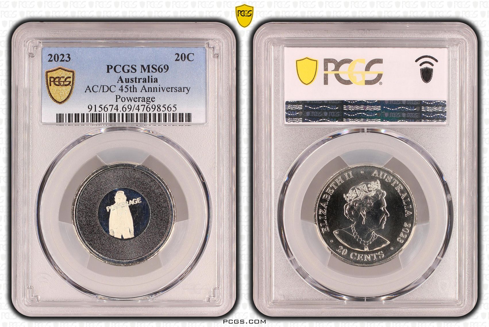 Elizabeth II, AC/DC 45th Anniversary - Powerage, Pop 7/0, Twenty Cent, 2023, PCGS MS69