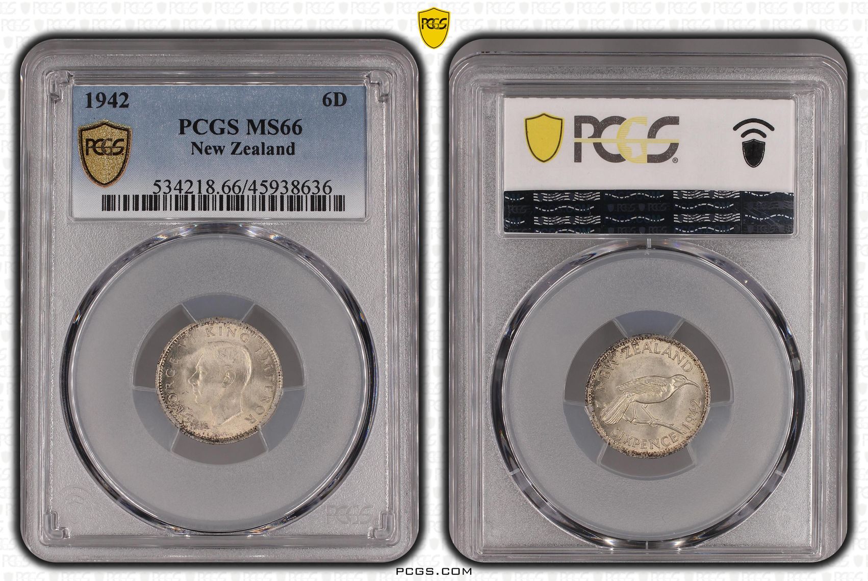 1942 New Zealand Sixpence Silver PCGS - MS66 POP 2/0 -636