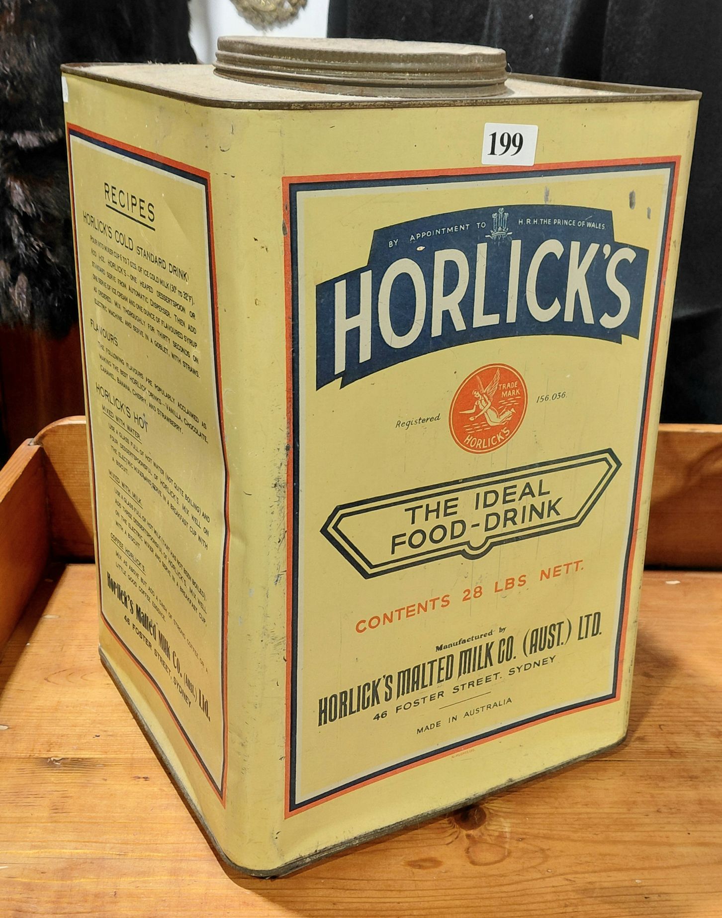 199 · LARGE CAPACITY HORLICKS TIN