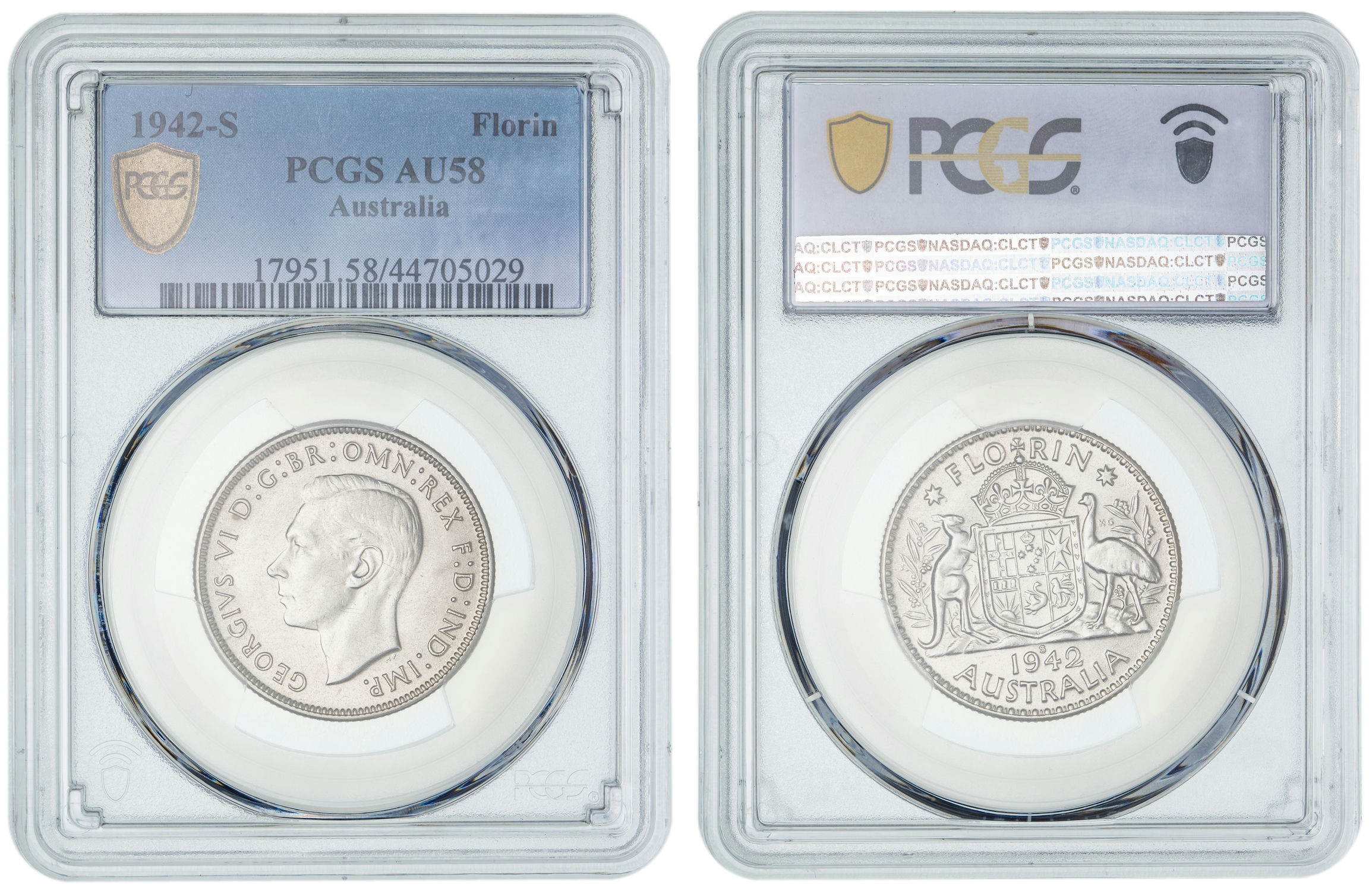 George VI, Florin, 1942-S, PCGS AU58