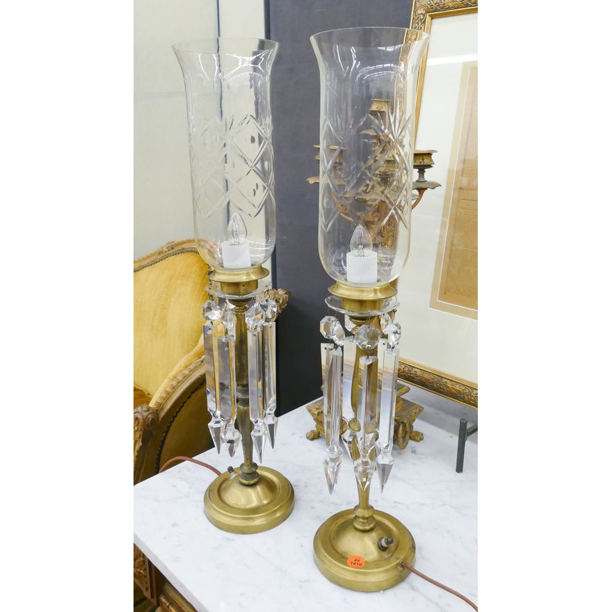 Pair Vintage Bronze Candelstick Table Lamps with Hurricane Shades- 22''