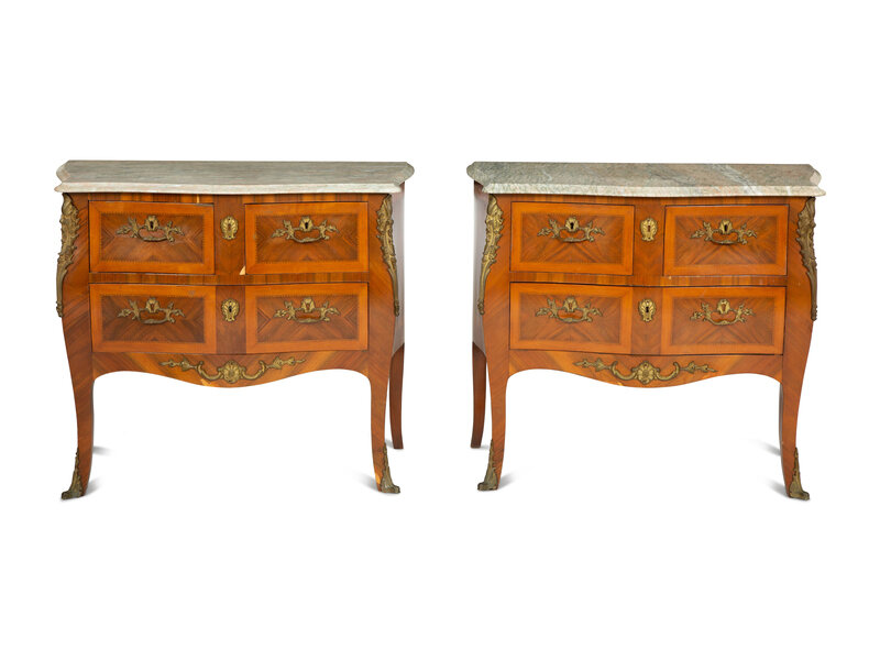 A Pair of Louis XV Style Gilt Metal Mounted Bookmatch Veneered Marble-Top Commodes