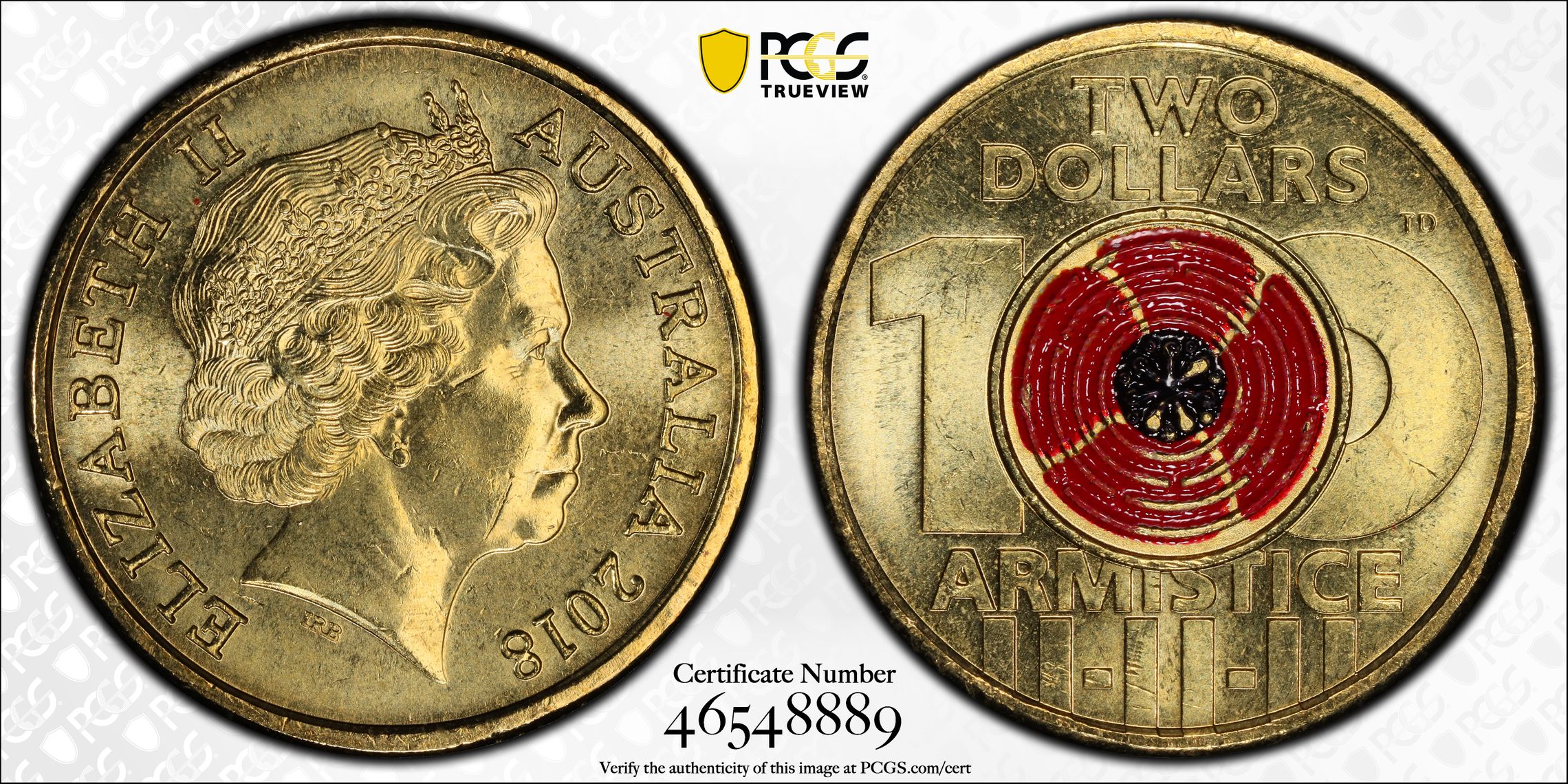 448 · Elizabeth II, Armistice Centenary , Two Dollar, 2018, PCGS MS65