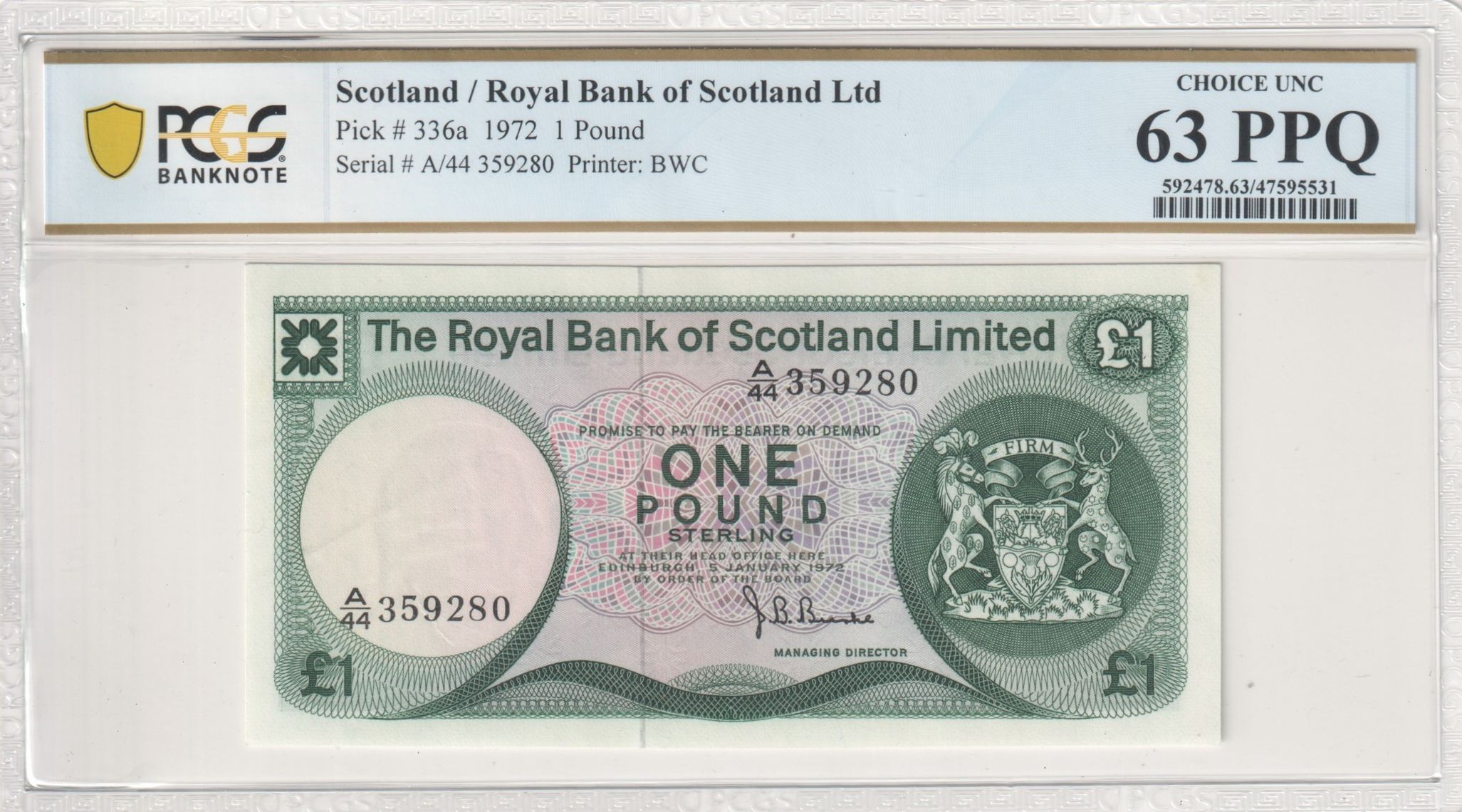 Scotland, Royal Bank of Scotland Ltd, BWC, One Pound, 1972, PCGS Choice UNC 63 PPQ