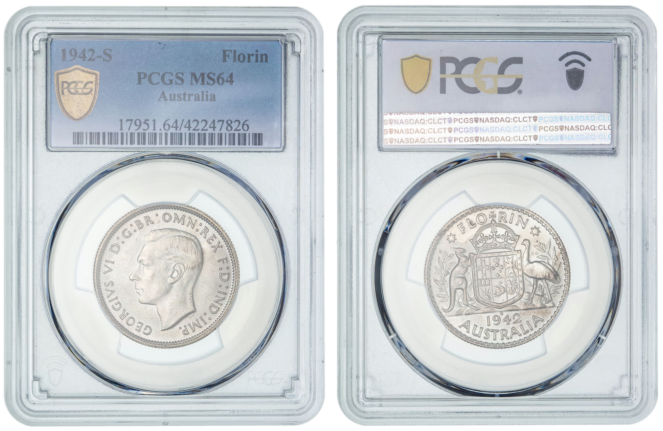 George VI, Florin, 1942-S, PCGS MS64