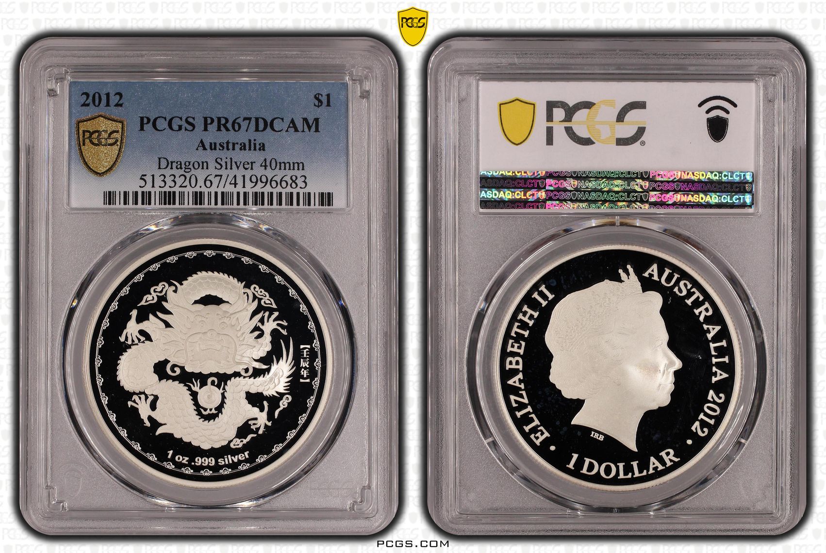 2012 Australia One Dollar, $1 Silver Proof Dragon Silver 40mm PCGS - PR67DCAM -683