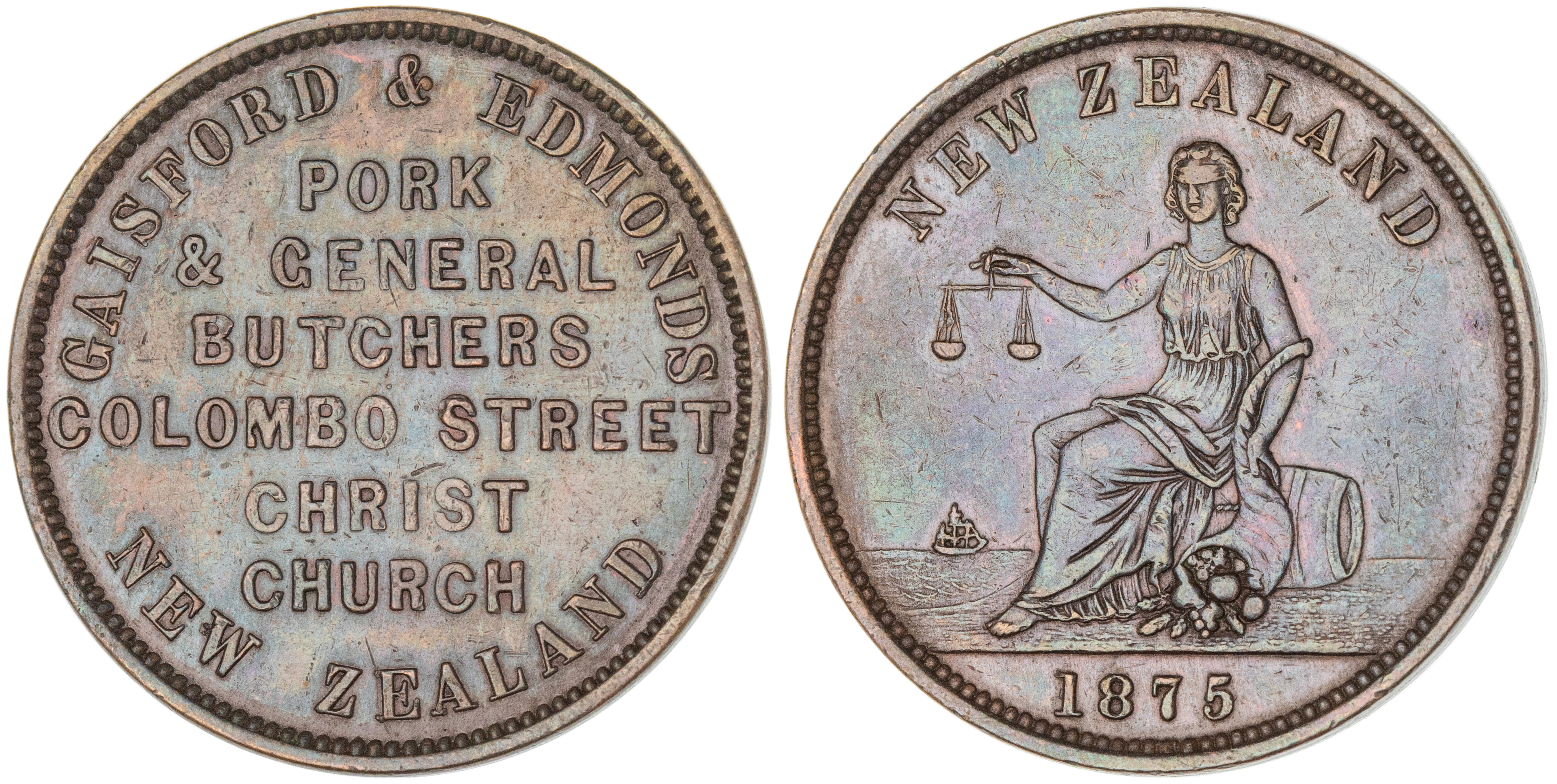 Christchurch, New Zealand, Gaisford & Edmonds, Penny, 1875, VF