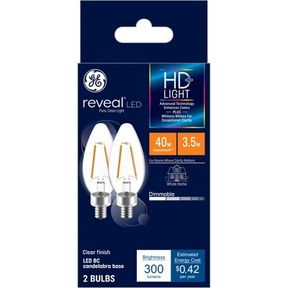 GE 2PK 40W REVEAL HD+ LED BC DECORATIVE LIGHT BULBS: E12 CANDELABRA BASE, 2700K, 300 LUMENS, DIMMABLE, 13.7-YEAR LIFE