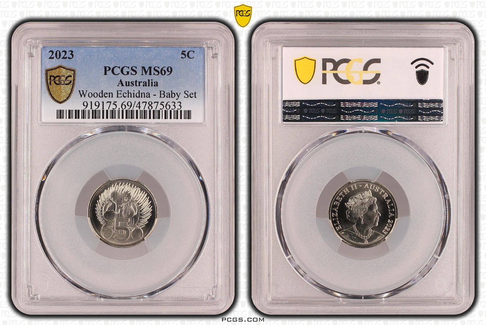 Wooden Echidna - Baby Set , Five Cent, 2023, PCGS MS69