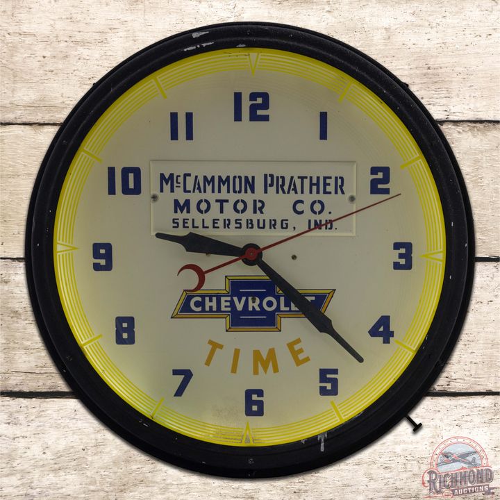 Chevrolet Time 20" Lackner Neon Advertising Clock w/ Logo Sellersburg Indiana
