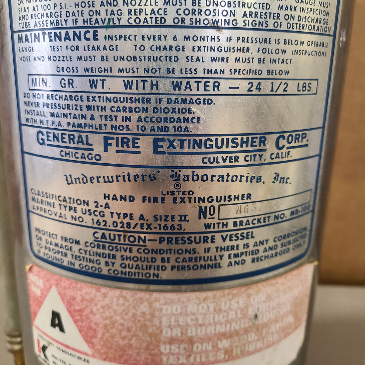 1970's Stainless Steel General Fire Extinguisher - Water Model WS