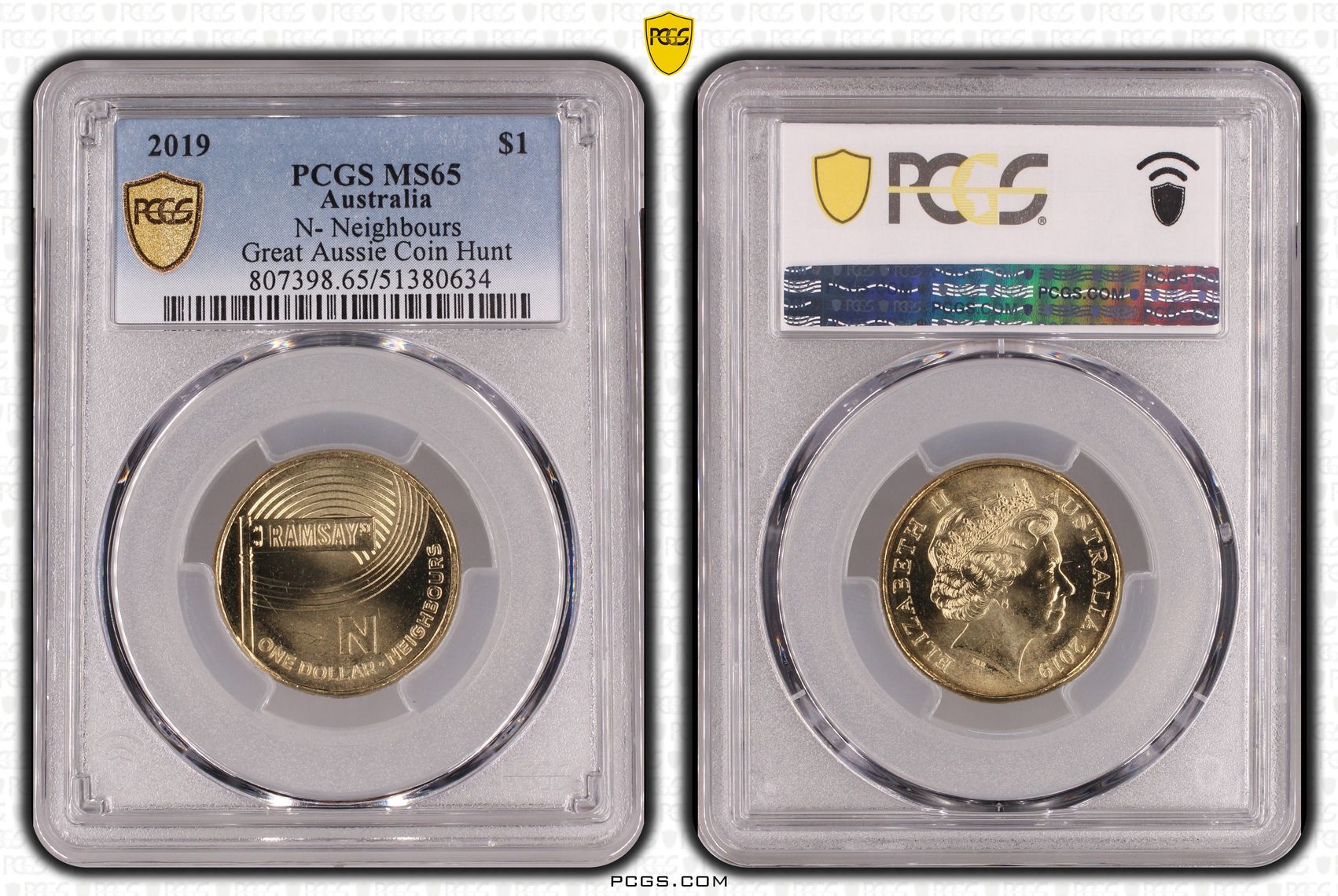 N- Neighbours Great Aussie Coin Hunt, One Dollar, 2019, PCGS MS65
