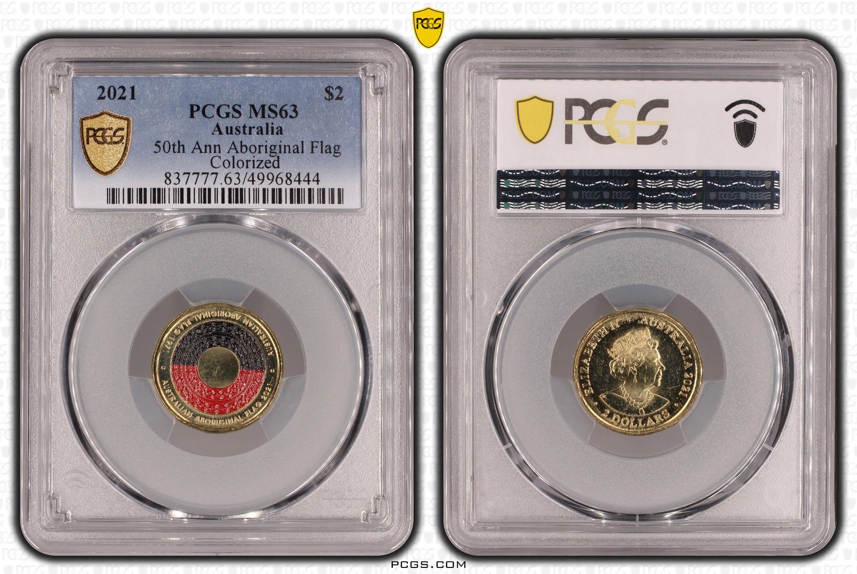 50th Ann Aboriginal Flag Colourised, Two Dollar, 2021, PCGS MS63