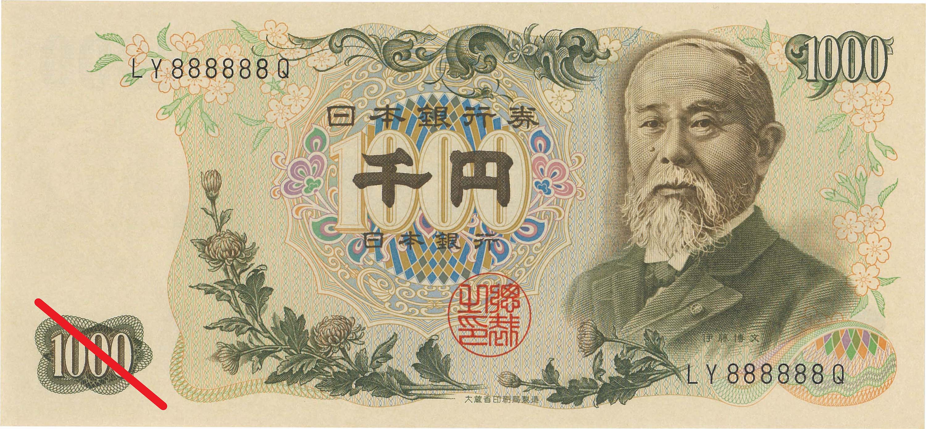 日本-Japan. 未使用. UNC. Banknote. 伊藤博文1000円札 前期 黒・2桁 