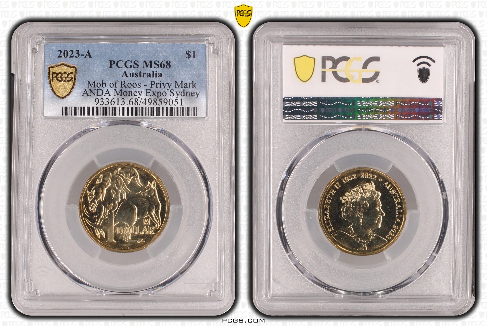 311 · Elizabeth II, Mob of Roos - Privy Mark - ANDA Money Expo Sydney , One Dollar, 2023-A, PCGS MS68