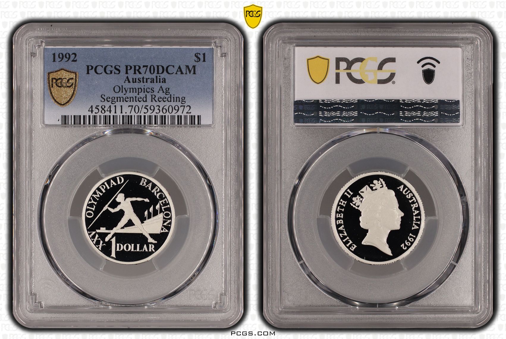 Elizabeth II, Olympics Silver Segmented Reeding, 9/0, One Dollar, 1992, PCGS PR70DCAM