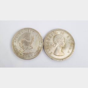 56G SILVER 1953 AND 1958 SUID AFRICA- ELIZABETH REGINA 5 SHILLINGS - 50691/47