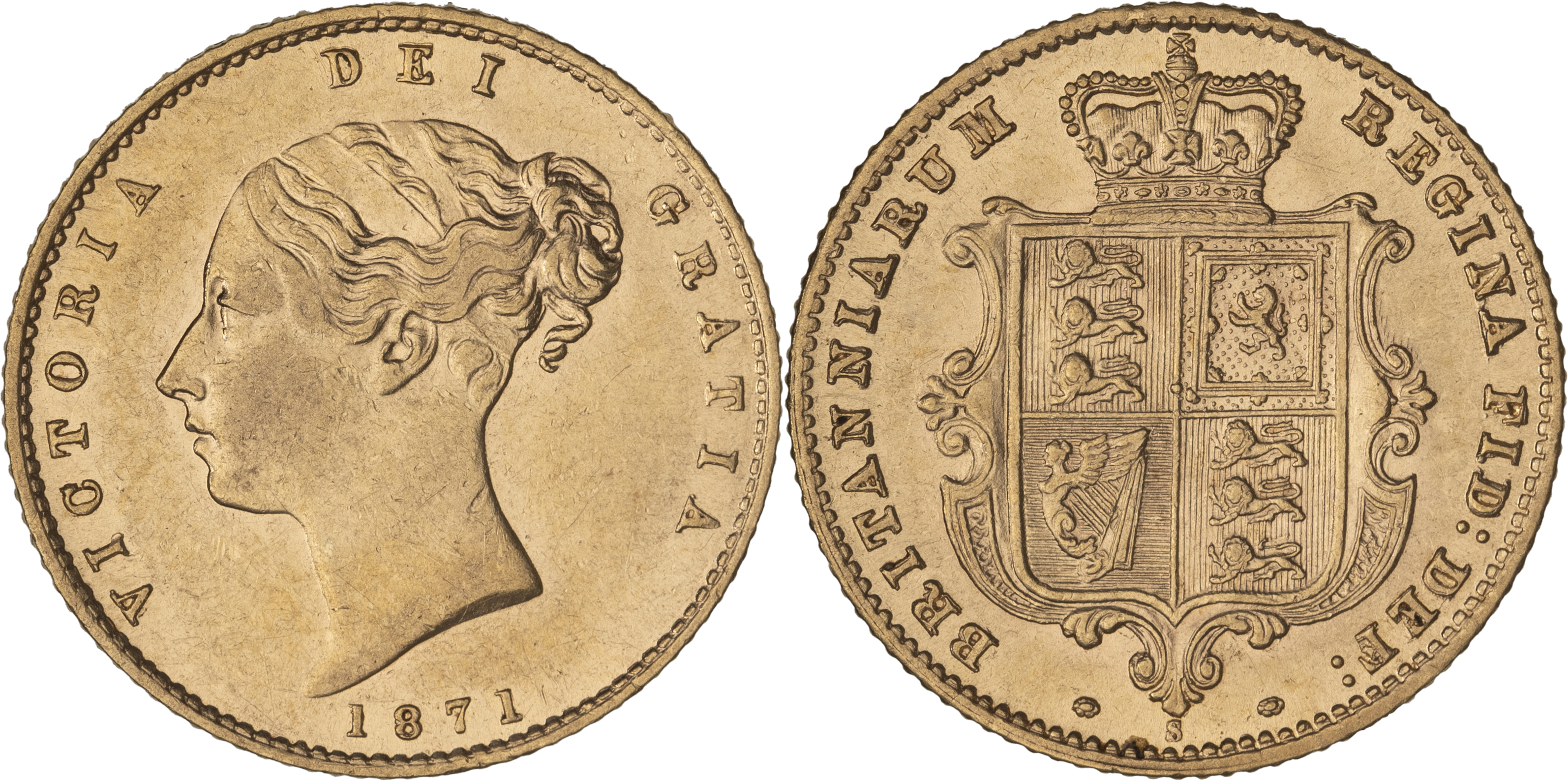 Victoria, Shield Reverse - Young Head, Half Sovereign, 1871-S, EF