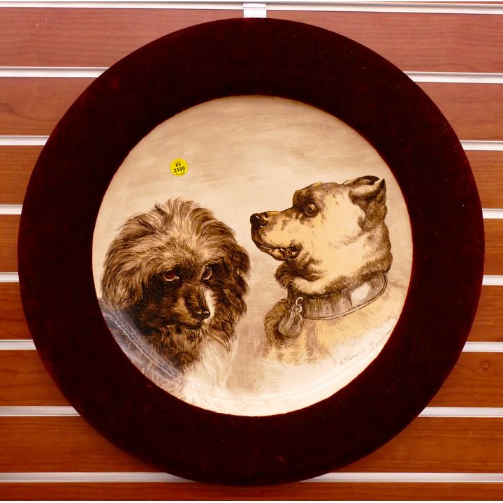 Antique T.T. & Company Painted Dogs Charger in Velvet Frame- 20''