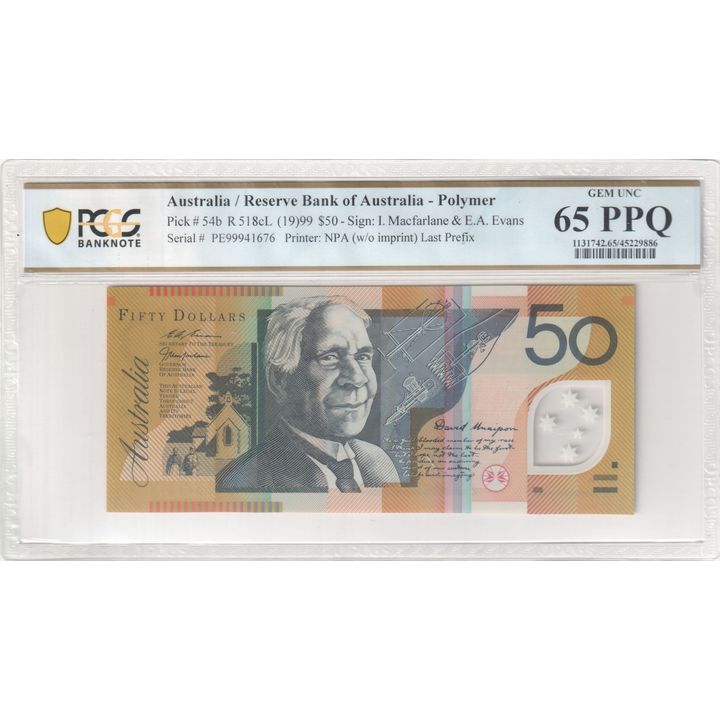 1999 Australia $50 Banknote MacFarlane/Evans Gem Unc 65 PPQ Last Prefix - R.518cL