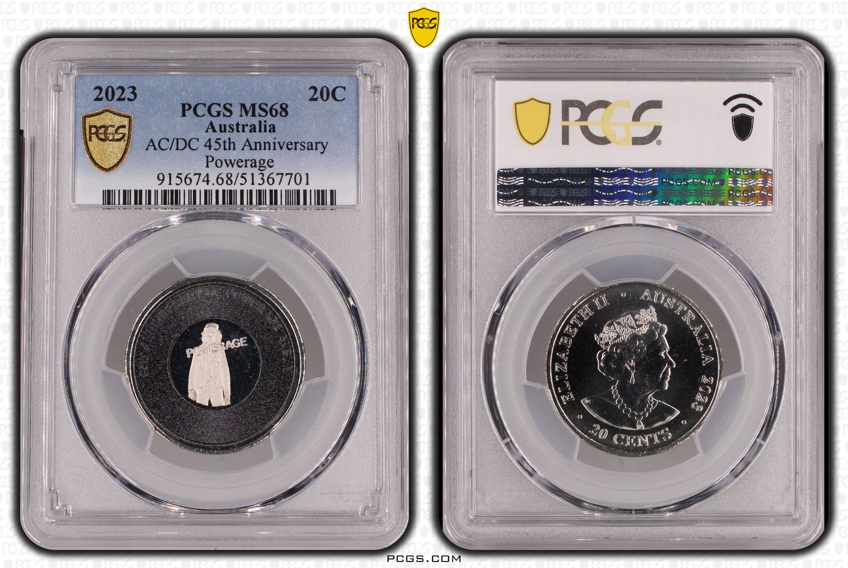 AC/DC 45th Anniversary - Powerage, Twenty Cent, 2023, PCGS MS68