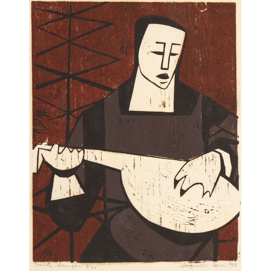 Samella Lewis ''Folk Singer'' 1968 Linocut
